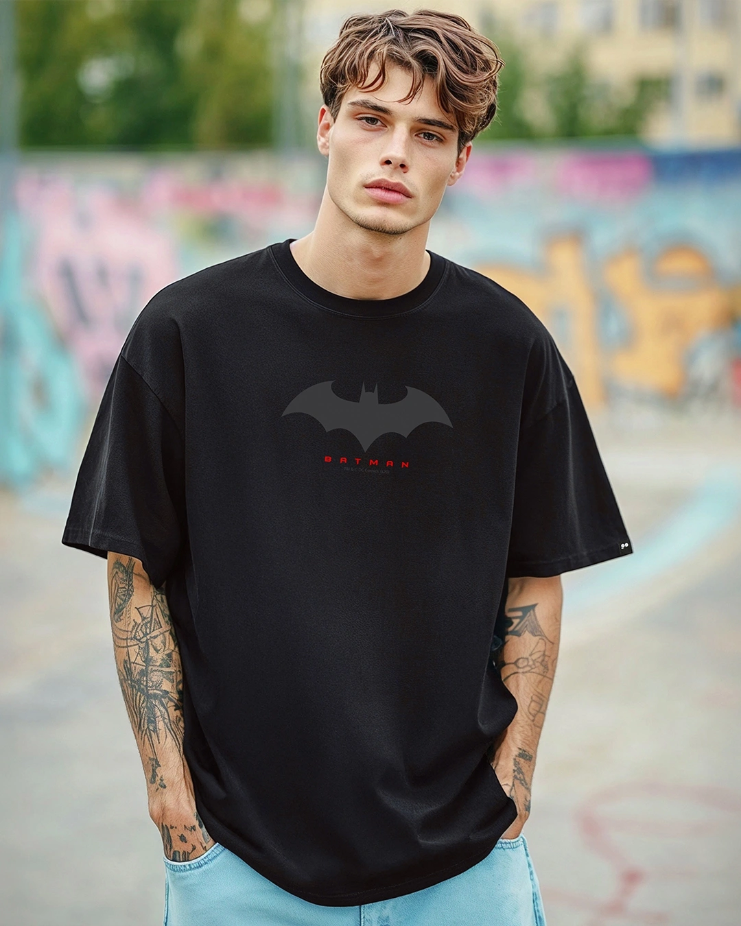 Men's Black Batman Outline Logo Graphic Printed Oversized T-shirt - Image 2