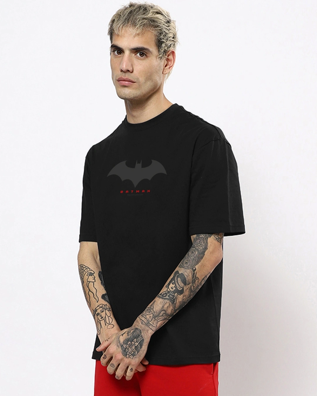 Men's Black Batman Outline Logo Graphic Printed Oversized T-shirt - Image 3