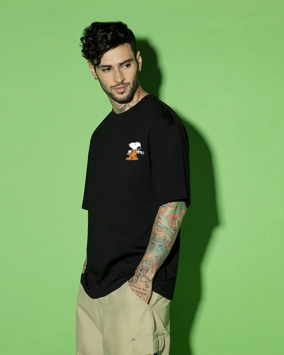 Men's Black Need Space Snoopy Graphic Printed Oversized T-shirt - Image 4