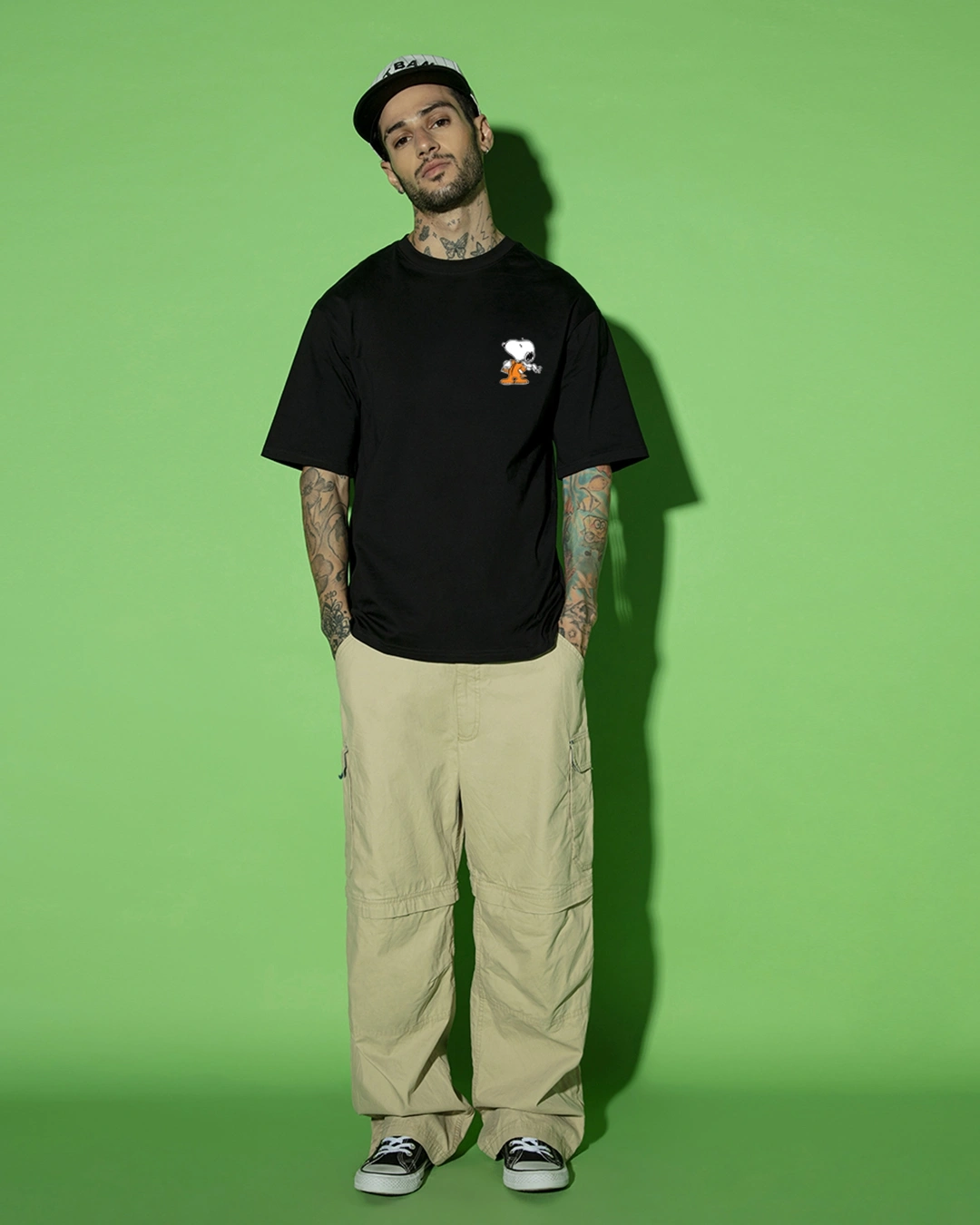 Men's Black Need Space Snoopy Graphic Printed Oversized T-shirt - Image 5