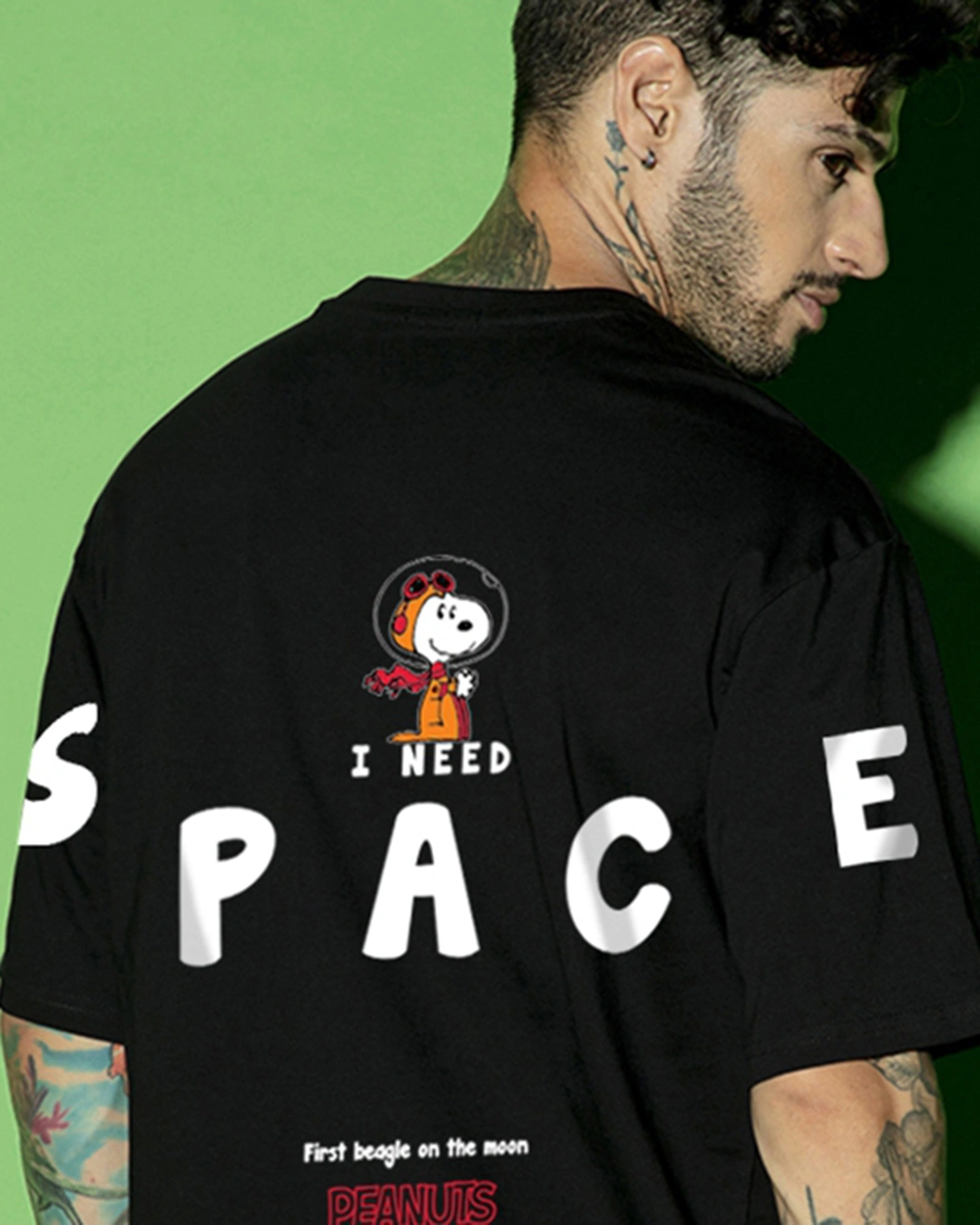 Men's Black Need Space Snoopy Graphic Printed Oversized T-shirt - Image 2